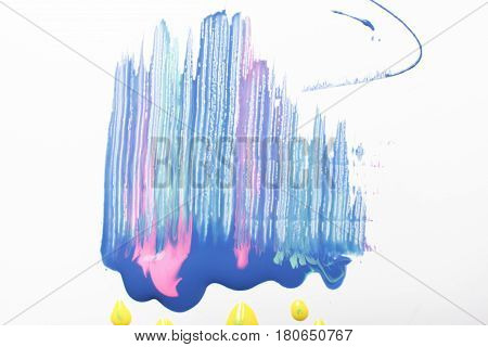 Abstractionism, colorful painting, creative modern art, bright colors. Smeared blue and pink paint with yellow dots on white background.