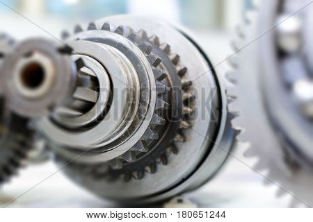 Gears, impaled on the shaft spline. Replacement spare part of the machine tool.
