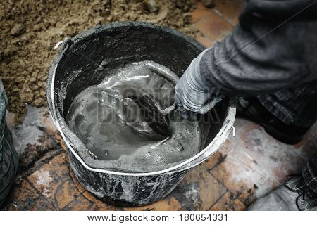 Work with cemet, Trowel, cement and bucket