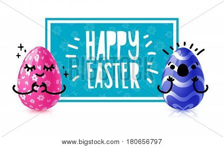 Template design banner for easter egg hunt event. Invitation for happy easter holiday with caartoon emotional character eggs. Vector