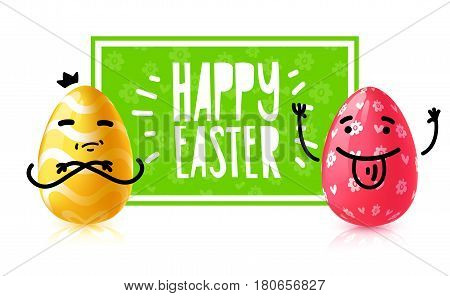 Template design banner for easter egg hunt event. Invitation for happy easter holiday with caartoon emotional character eggs. Vector