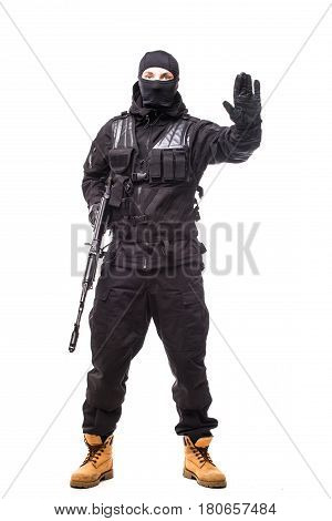 Army Soldier Man Portrait With Stop Sign On Studio Isolated On White Background