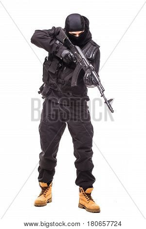 Army Soldier Man Portrait Aim Down On Studio Isolated On White Background
