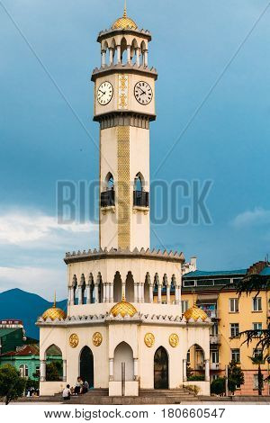 Batumi, Adjara, Georgia - May 26, 2016: Chacha Tower On Blue Evening Sky Background. Local Landmark. Tower Is Surrounded By 4 Fountain Pools With Chacha. Chacha Is A Grape Brandy Or Grappa.