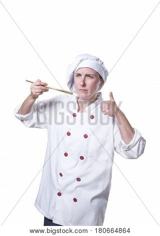 Young Woman Chef Is Making A Traste Food Gesture