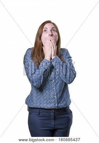Pretty Business Woman Making Surprised Gesture Over White Background