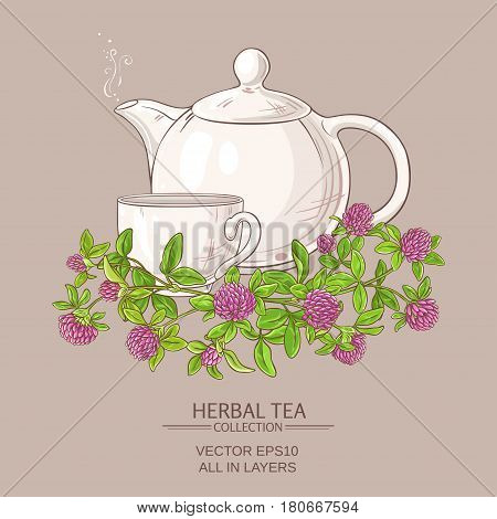 cup of clover tea and teapot on color background