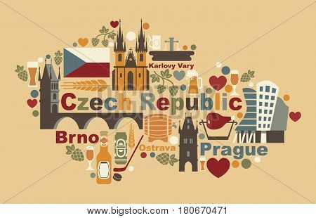 Traditional symbols of the Czech Republic in the form of a map