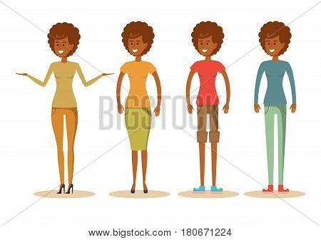 cute African American woman in casual clothes. Cartoon character illustration. Isolated on white background. Stock vector illustration
