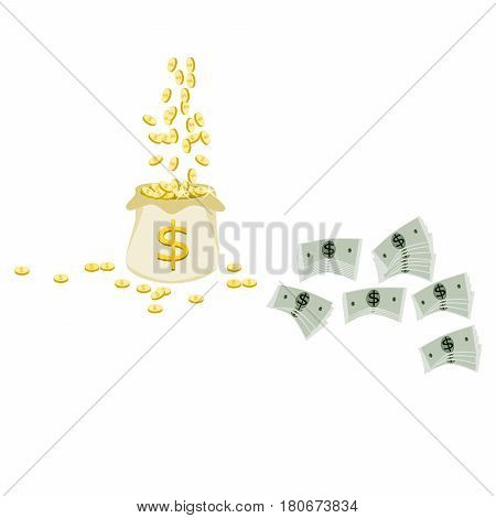 Business concept for finances and economics with golden money dropping down with dollar bills money . Flat color design.