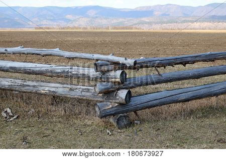 Traditional Zigzag Fence Protecting A Pasture In Buryatia. Tunkinskaya Valley