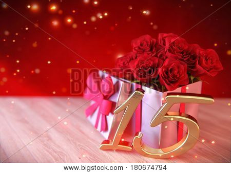 birthday concept with red roses in gift on wooden desk. 3D render - fifteenth birthday. 15th