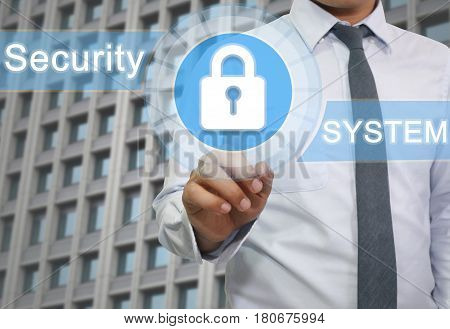 hand of businessman touch to master key logo image in concept of Security system and presentations in your work.