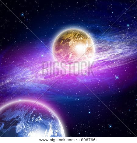 planety v prostoru a hvězdy s galaxes
