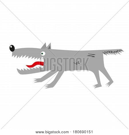 Isolated hand drawn cartoon grey or gray wolf with open mouth on white background