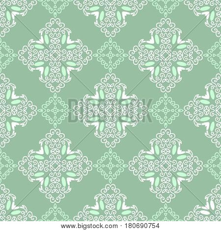 Seamless pattern with squares from green and white outlines on dark green background. Ornamental pattern from curve lines