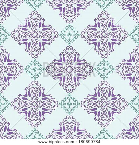 Seamless pattern with squares from green and violet outlines on light blue or green background. Ornamental pattern from curve lines