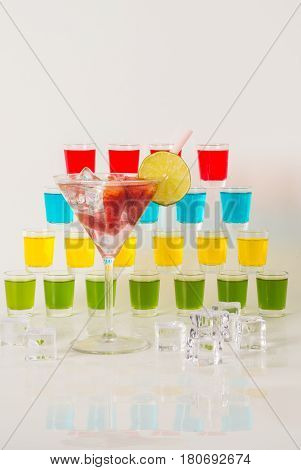 Colorful Set Of Drinks, Color Drink Decorated With Fruit, Many Color Kamikaze Drink, Shot Drinks