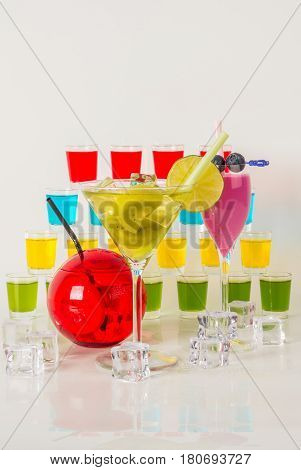 Colorful Set Of Drinks, Color Drink Decorated With Fruit, Many Color Kamikaze Drink, Shot Drinks