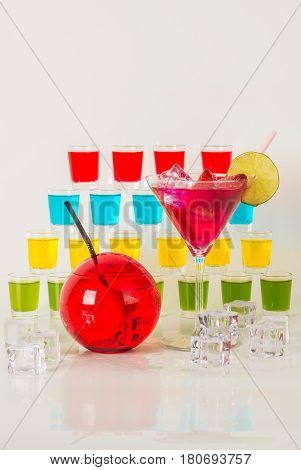 Colorful Set Of Drinks, Color Drink Decorated With Fruit, Many Color Kamikaze Drink, Shot Drinks