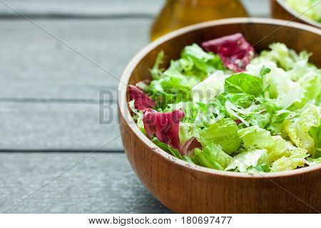 A Dish Of Fresh Salad Frisse, Romano And Radiccio With Olive Oil, Salt And Freshly Ground Percec In