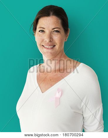 Caucasian Woman with a Pink Breast Cancer Ribbin