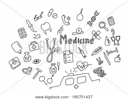 Hand drawn medicine icon set. Medical healthcare pharmacy doodle icons