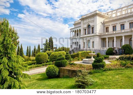 LIVADIA, RUSSIA - MAY 17, 2016: Livadia Palace near city of Yalta in Crimea. Livadia Palace was a summer retreat of the last Russian tsar Nicholas II. The Yalta Conference was held there in 1945.