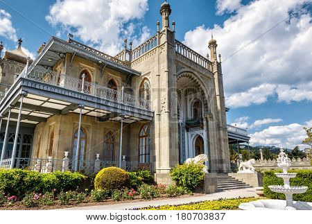 ALUPKA, RUSSIA - MAY 20, 2016: Vorontsov Palace in the resort town of Alupka. This palace is one of the attractions of Crimea.