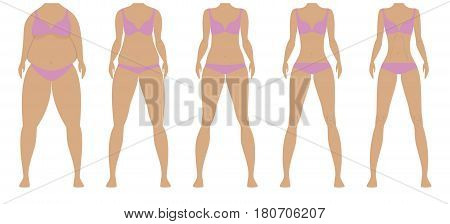 Before and after weight loss woman diet. From Fat to slim female bodies by five steps. Body whithout heads . Healthy and unhealthy lifestyle. Vector illustration.