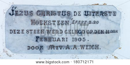 Historic cornerstone of the Dutch Reformed Church in Nieu-Bethesda an historic village in the Eastern Cape Province. The church was built in 1905