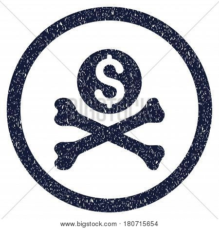Mortal Debt grainy textured icon inside circle for overlay watermark stamps. Flat symbol with scratched texture. Circled vector indigo blue rubber seal stamp with grunge design.