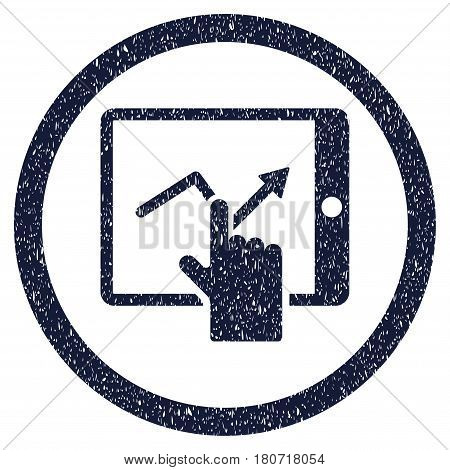 Tap Trend On PDA grainy textured icon inside circle for overlay watermark stamps. Flat symbol with scratched texture. Circled vector indigo blue rubber seal stamp with grunge design.