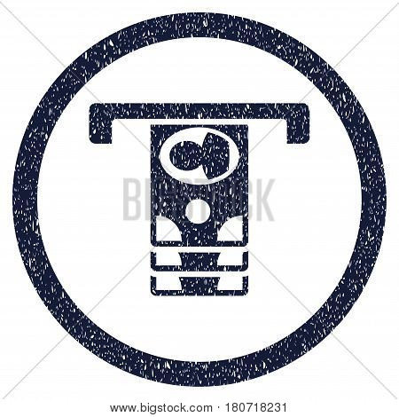 Withdraw Banknotes grainy textured icon inside circle for overlay watermark stamps. Flat symbol with scratched texture. Circled vector indigo blue rubber seal stamp with grunge design.