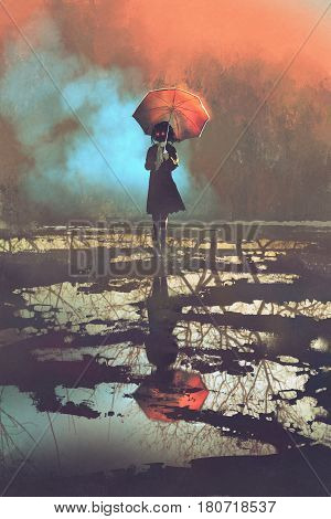 mysterious woman holds umbrella standing in a puddle with reflection of spooky forest ,illustration painting
