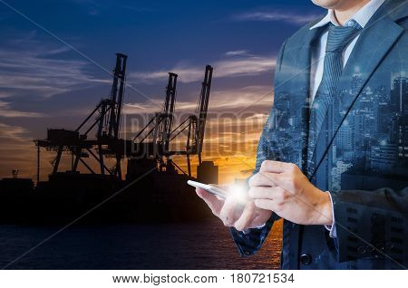 Double Exposure Of Businessman Touching With Smart Phone Connected Internet And Network Connection T