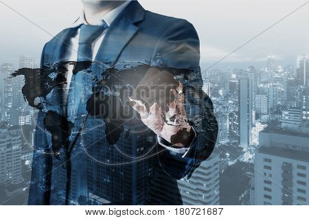 Double Exposure Of Professional Businessman World Map On Touch Screen To Connected Internet Network