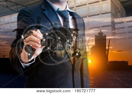 Double Exposure Of Businessman Touch Screen On Map To Transport Products At Logistics Port Backgroun