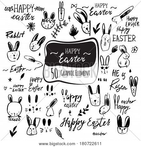 Vector hand drawn easter icon and lettering set. Happy Easter calligraphy rabbit characters flowers and plants.