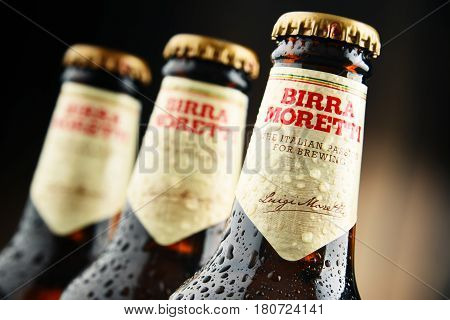 POZNAN POLAND - MAR 31 2017: Birra Moretti Italian brewing company founded in Udine in 1859 by Luigi Moretti now owned by Heineken International