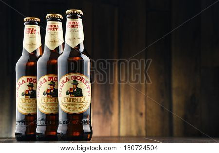 POZNAN POLAND - MAR 31 2017: Birra Moretti Italian brewing company founded in Udine in 1859 by Luigi Moretti now owned by Heineken International