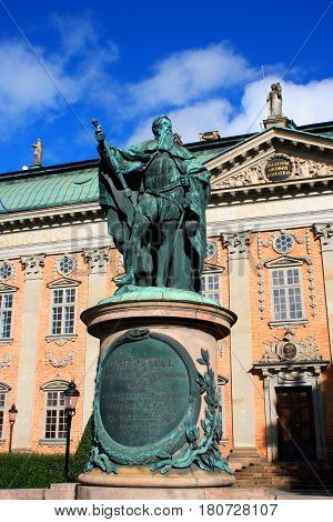 Statue of Gustavo Erici in front of Riddarhuset (House of Nobility) in Stockholm Sweden