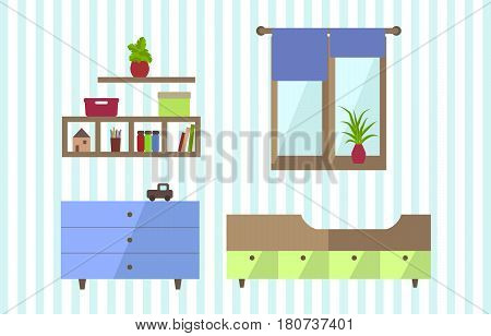 Kids room interior. Nursery in flat style. Vector illustration.