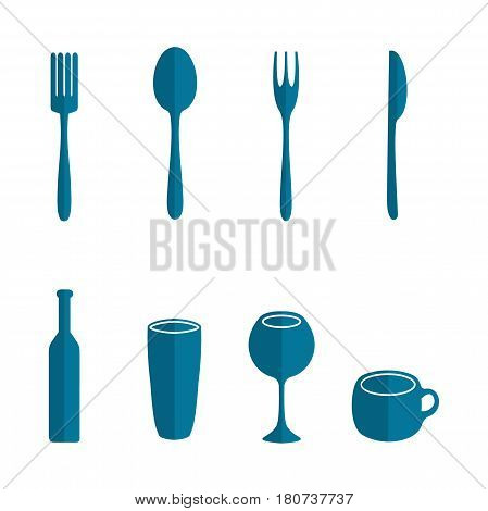 Utensils icons. Fork, spoon, knife, wine bottle, glass, cup.