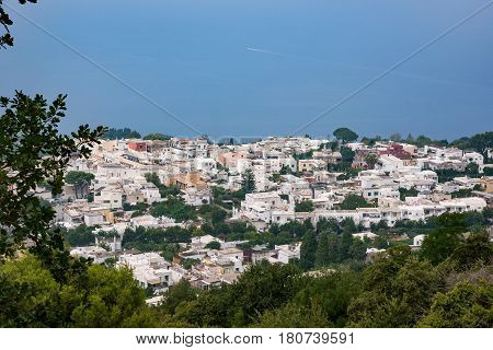 Aerial view of buildings in Anacapri from Monte Solaro Capri Island Italy