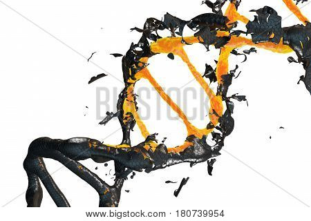 3d image: DNA molecule consists of the collapsing. Genetic mutation and combating viruses.  Science and medic concept. Destroyed structure. Nano technology. Orange and black. white background isolated