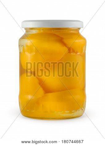 Peach jam in glass jar isolated with clipping path.
