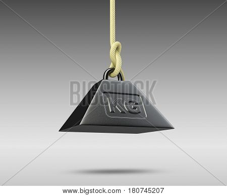 Weight with mass symbol tied on a roppe. 3d illustration isolated on a grey background.