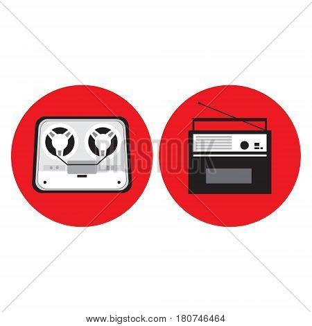 Bobbin tape recorder, radio in retro style in circle, vector illustration