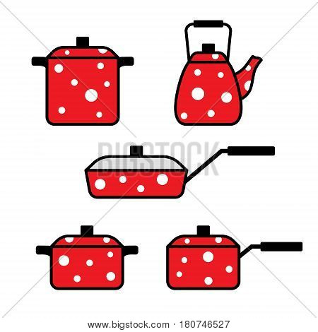 Set of kitchen utensils, frying pan, pots, kettle in peas, vector illustration